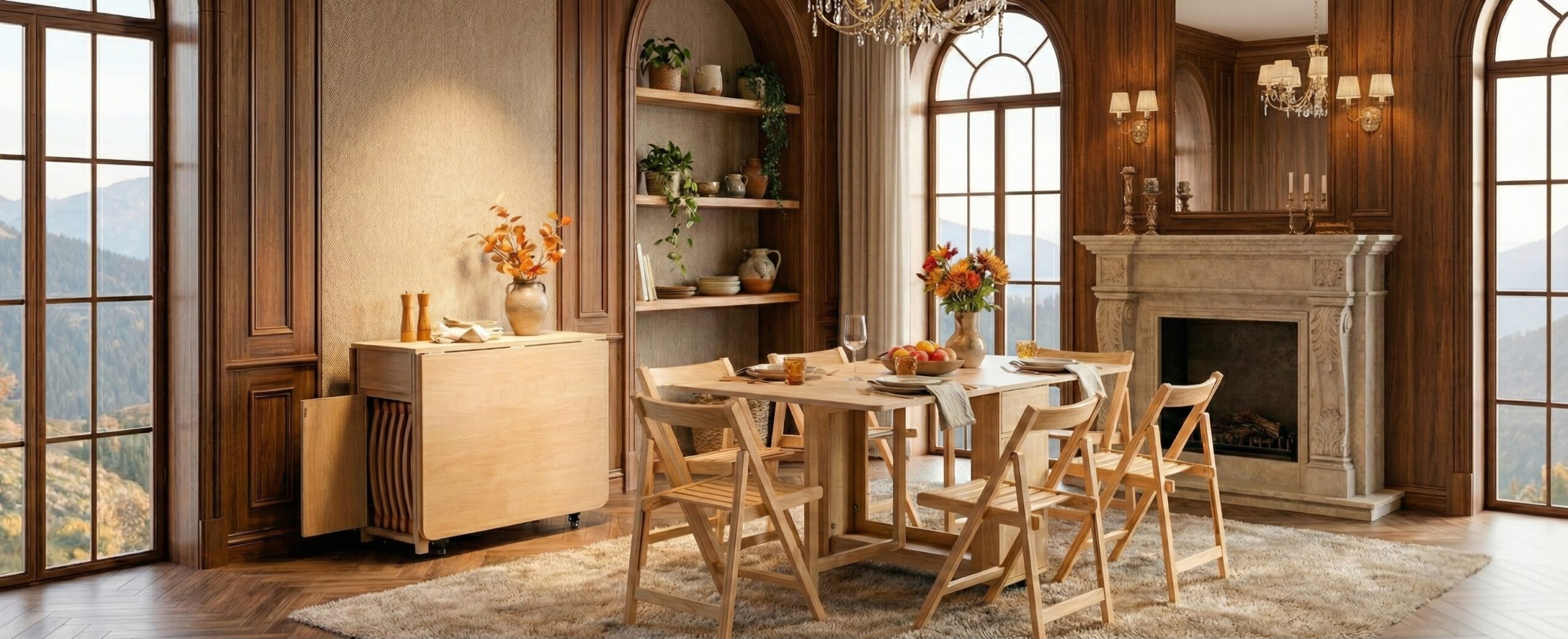 שולחן אוכל מתקפל מעץ עם כיסאות עץ