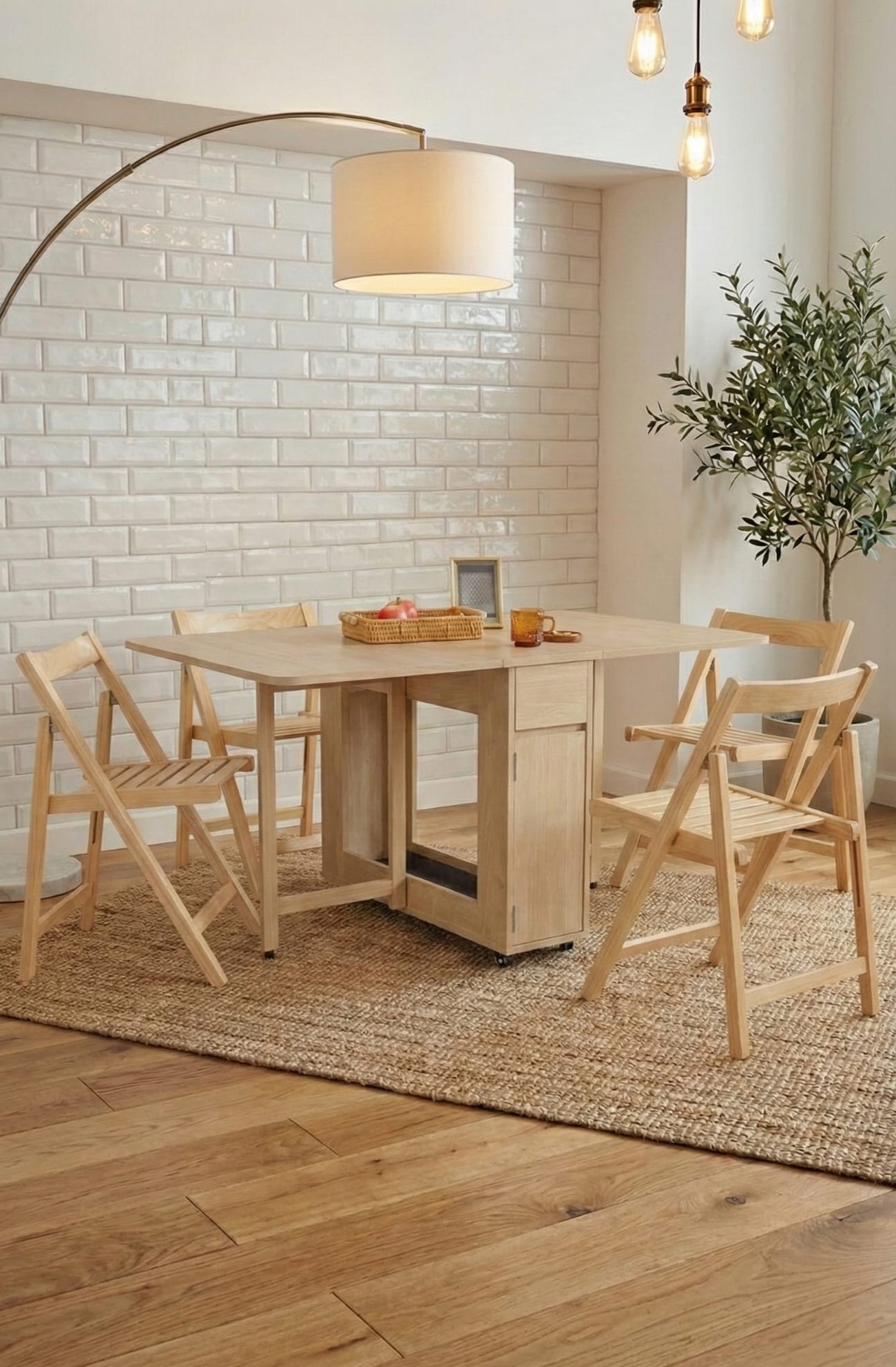 שולחן מתקפל מעץ עם אחסון לארבע כיסאות