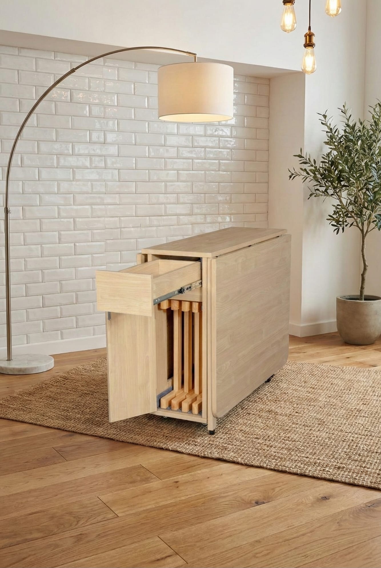 שולחן מתקפל מעץ עם אחסון לארבע כיסאות – תמונה 3